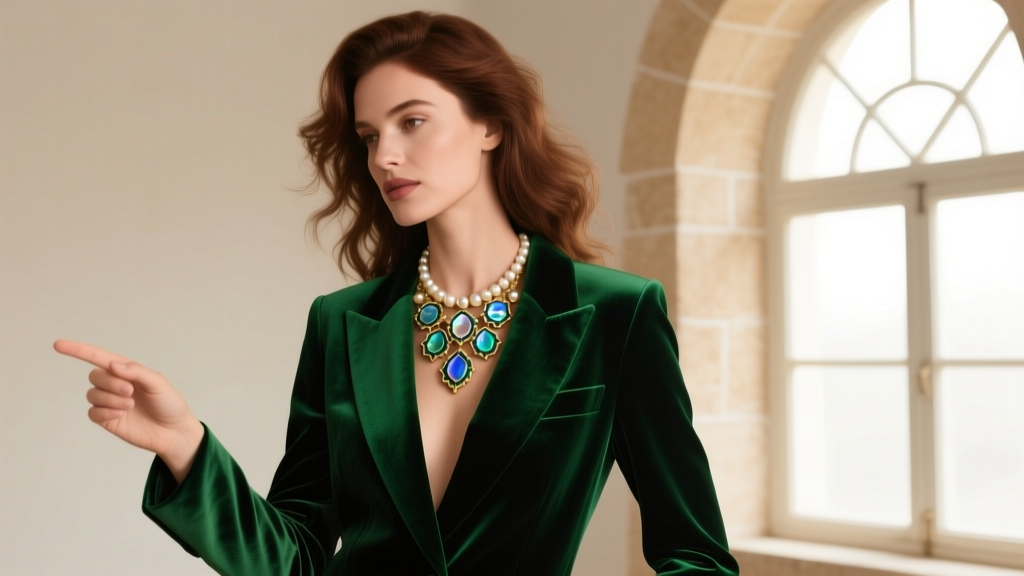 Woman wearing a 10-motif mother of pearl Alhambra necklace doubled over a deep emerald green velvet blazer