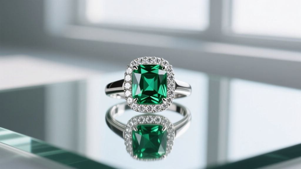 Elegant east-west set emerald cut diamond ring with a hidden diamond halo gallery, resting on a mirrored surface reflecting light.
