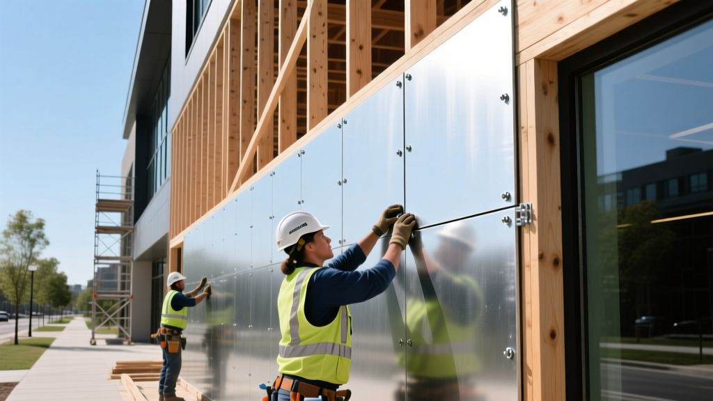Workers installing silver-faced glass mat exterior gypsum sheathing panels on a commercial wood-framed building exterior wall