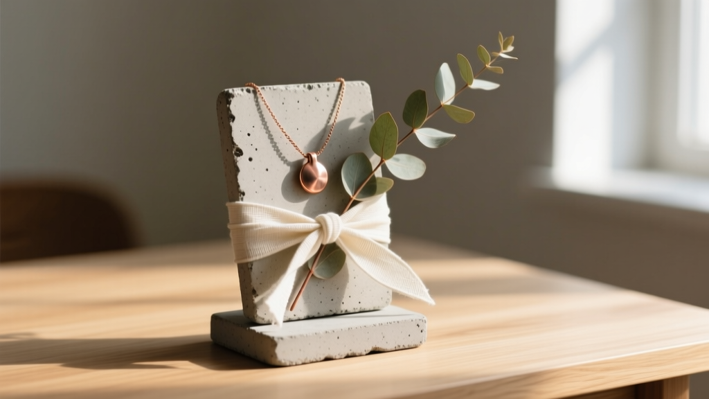 Concrete and copper DIY necklace stand wrapped in linen ribbon and eucalyptus, ready for a birthday gift presentation on wood