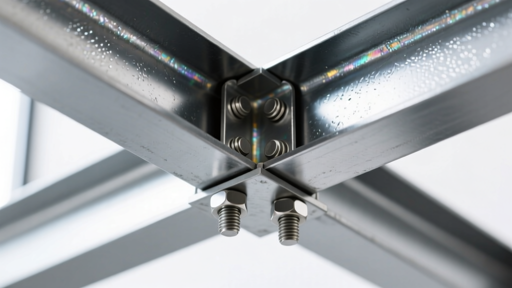 Close-up of hot-dip galvanized steel framing connections with zinc-rich primer applied to shear tabs and stainless steel bolts