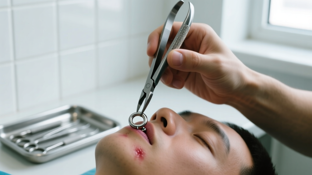 Piercer using sterilized pliers to adjust a 10mm titanium seamless daith ring, set against a clean, bright clinical background.