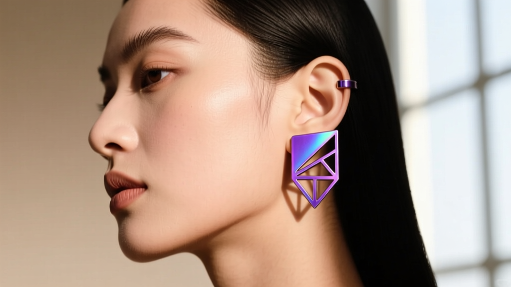 Side profile of a model wearing an asymmetric ear-cuff line drawing earring in anodized purple niobium, highlighting the cartilage.