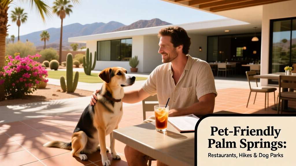 A relaxed dog sitting beside their owner at a shaded outdoor patio of a Palm Springs restaurant