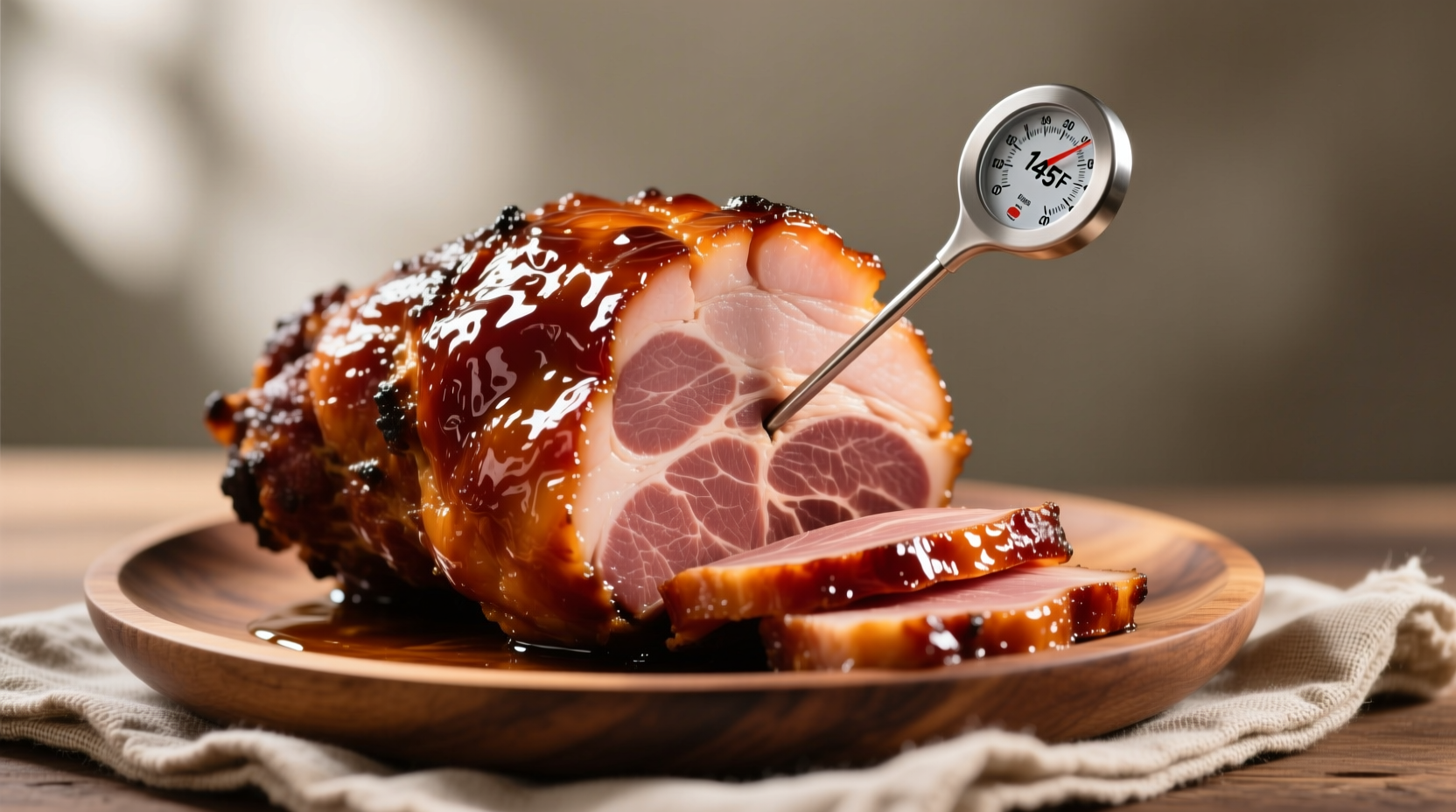 Perfectly glazed smoked ham on serving platter with thermometer reading