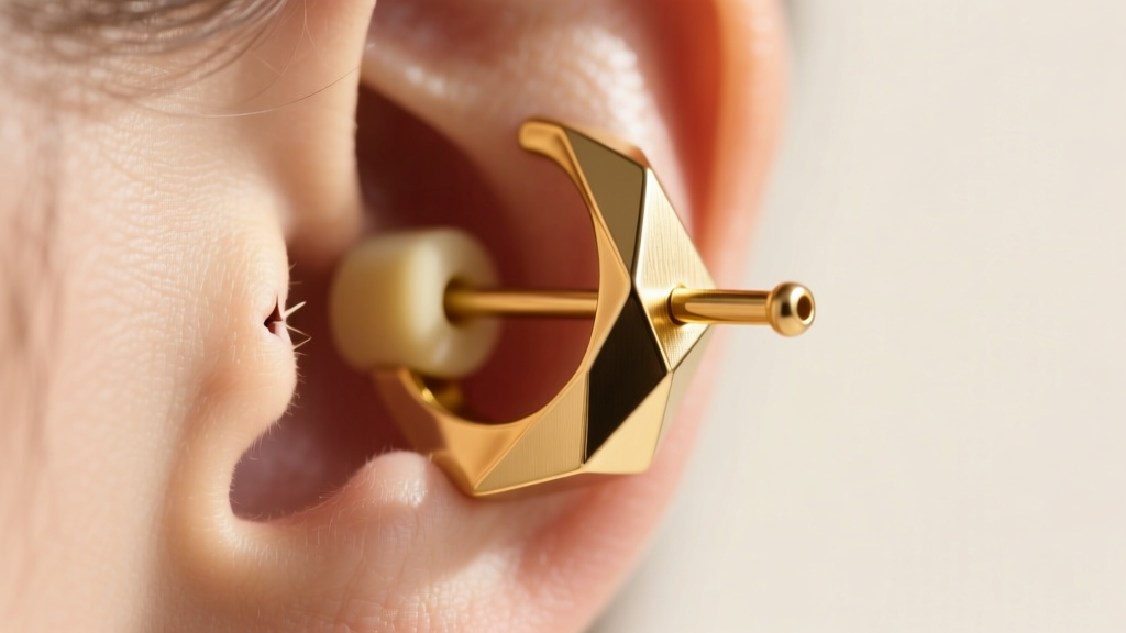 Macro shot of 14-gauge gold earring post with silicone backing supporting heavy geometric brass hoop on a pierced earlobe.