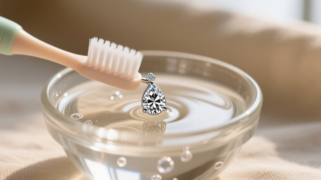 Soft baby toothbrush gently cleaning a platinum drop diamond earring in a small glass bowl of warm, soapy distilled water.