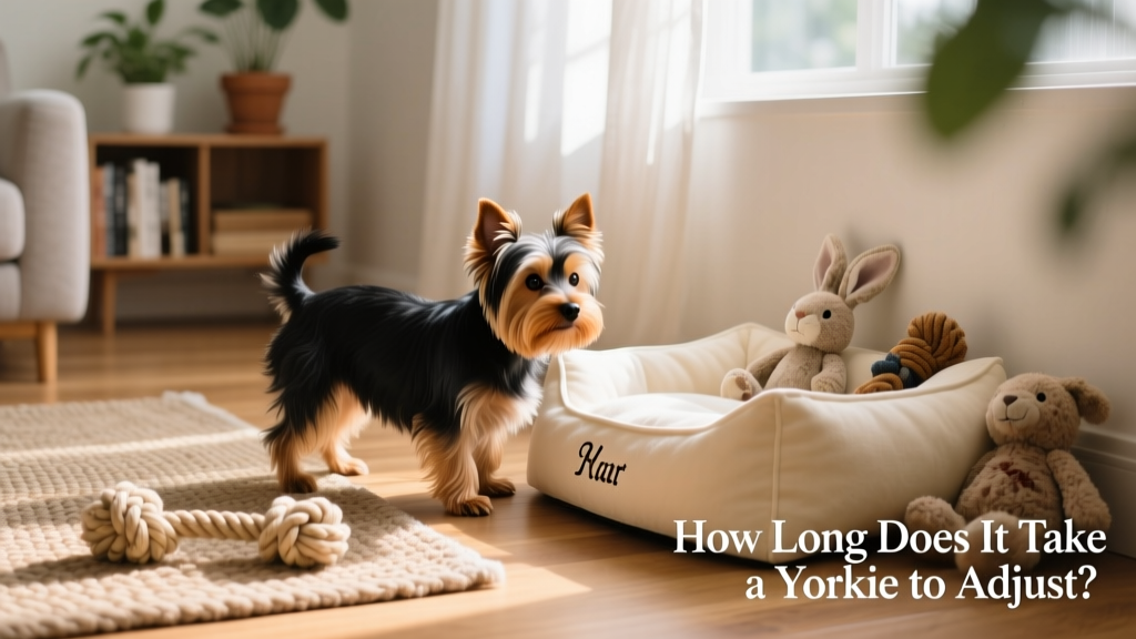 A calm Yorkie exploring a cozy corner of a sunlit living room with a soft bed and familiar toys