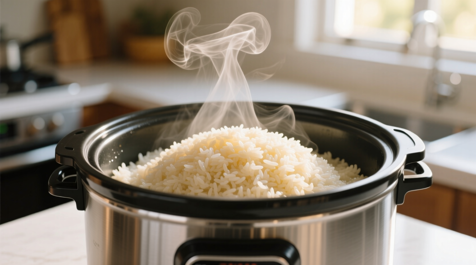Perfectly cooked rice in slow cooker with steam rising
