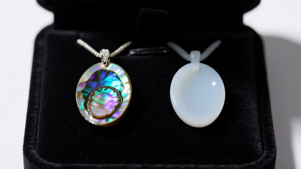 Macro shot comparing genuine iridescent abalone pendant to a dull painted resin replica side-by-side on a dark velvet jewelry pad.