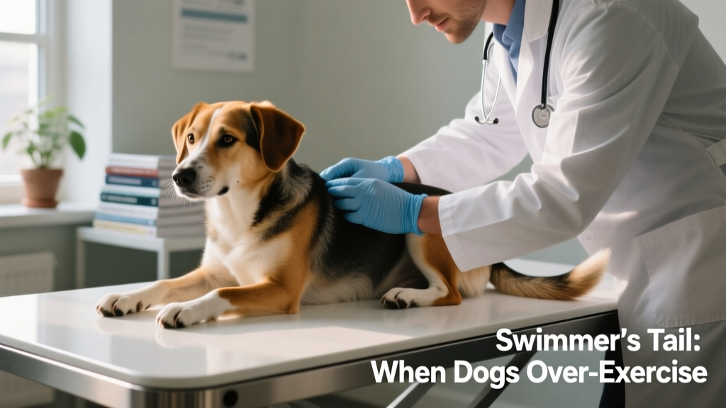 Veterinarian gently examining a dog's tail base while the dog rests calmly on an exam table