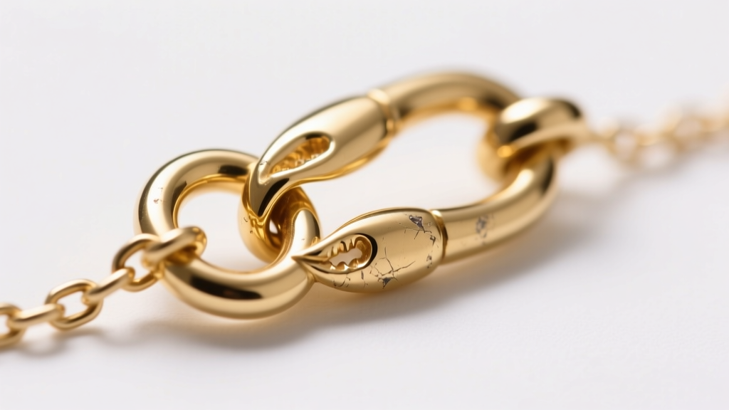 Macro shot of a 14k gold vermeil lobster clasp on a delicate chain, highlighting the microscopic wear at the jump ring connection.