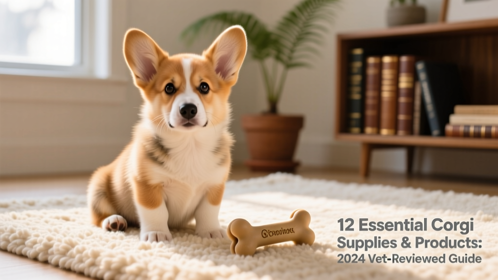 Adorable Corgi puppy sitting on a cozy rug with a chew toy nearby