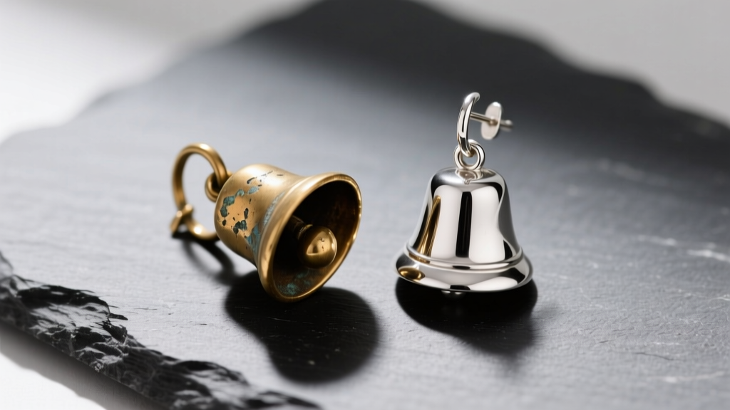Top-down view of a tarnished plated brass bell earring beside a polished 925 sterling silver bell earring resting on dark slate.