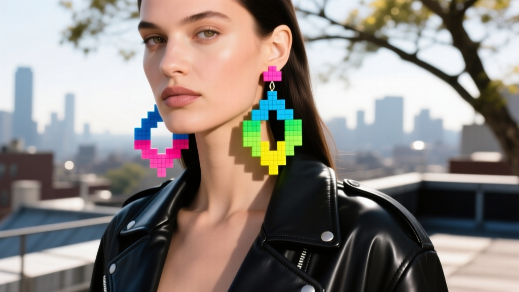 Model wearing oversized pixel-art perler bead drop earrings grazing the collarbone, styled with a black leather jacket in sunlight
