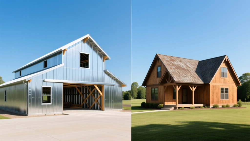 Split-view of a 35x50 post-frame barndominium steel shell next to a traditional wood stick-framed house under clear skies
