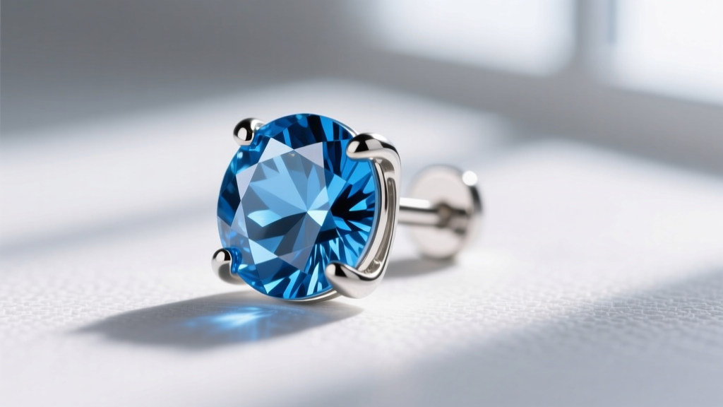 Macro shot of Swiss blue topaz stud earring in four-prong platinum setting, highlighting precise facet cuts and light refraction.