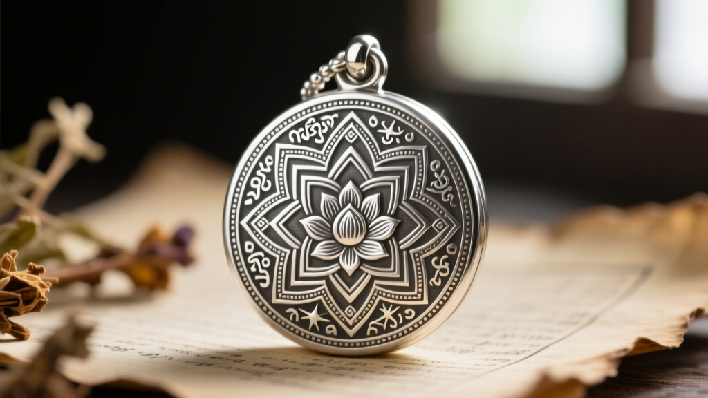 Macro shot of a silver takrut amulet casing revealing intricate hand-engraved Khmer yantra script and sacred geometric patterns
