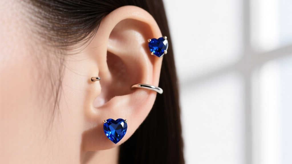 Curated ear stack featuring a sapphire heart huggie on the upper lobe and a cerulean heart threadless end on the helix piercing