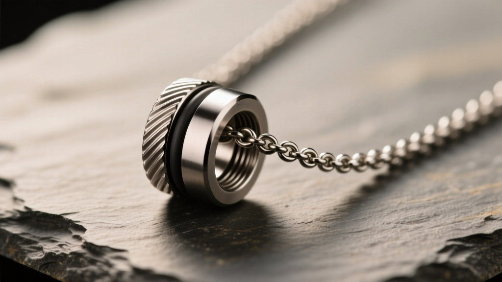 Macro of a brushed titanium cremation necklace on slate, showing the threaded sealing cap and internal rubber O-ring groove.