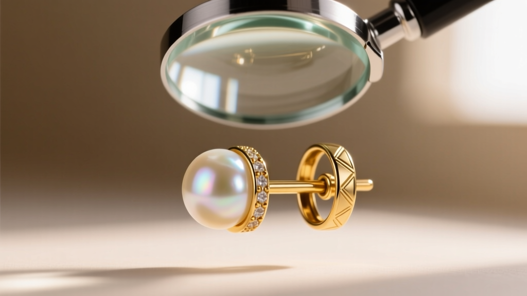 Macro shot of a loupe inspecting the metal cup and adhesive joint where a pearl meets a gold post on a double-sided earring stud.