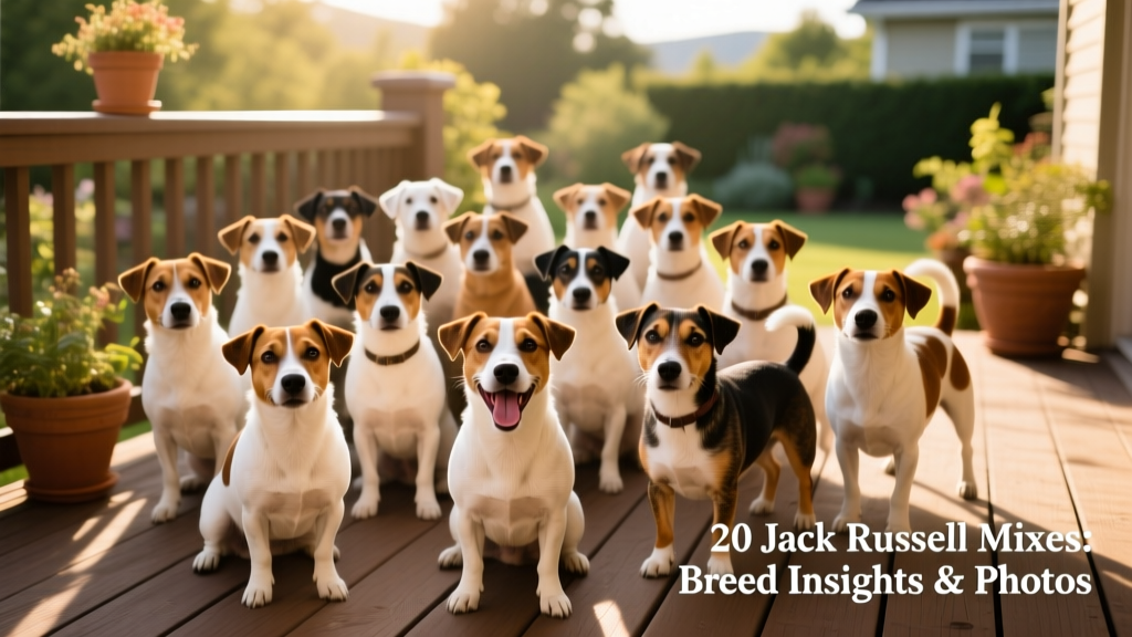 A diverse group of Jack Russell mixes posing together on a wooden deck, showcasing different sizes, coat types, and expressions