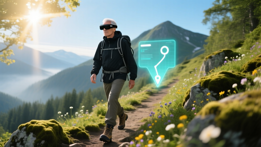 Hiker wearing sleek black augmented reality smart glasses while navigating a sunlit mountain trail with a digital waypoint overlay