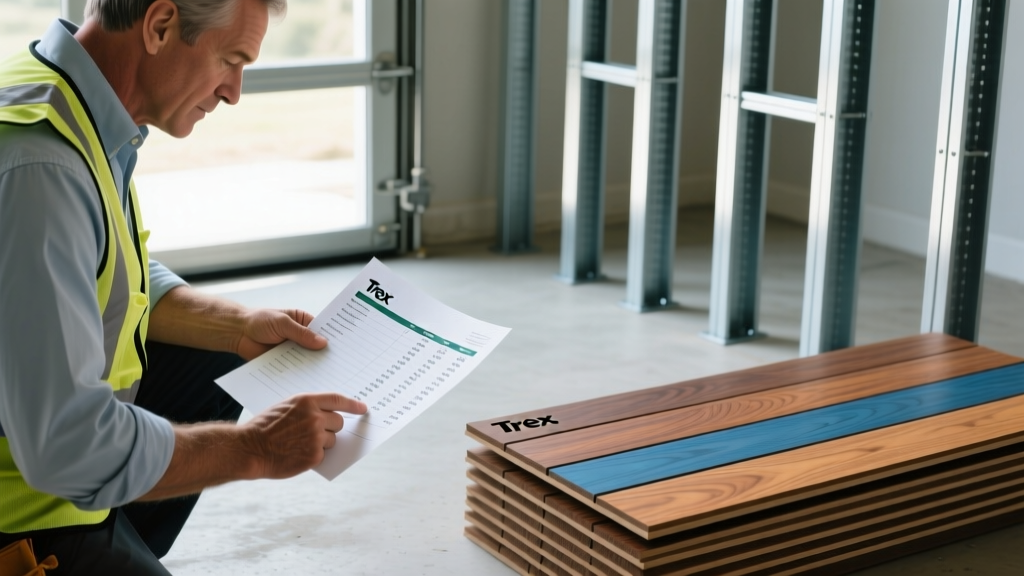 Contractor reviewing a printed deck material list and cost spreadsheet next to stacked Trex composite boards and steel framing joists