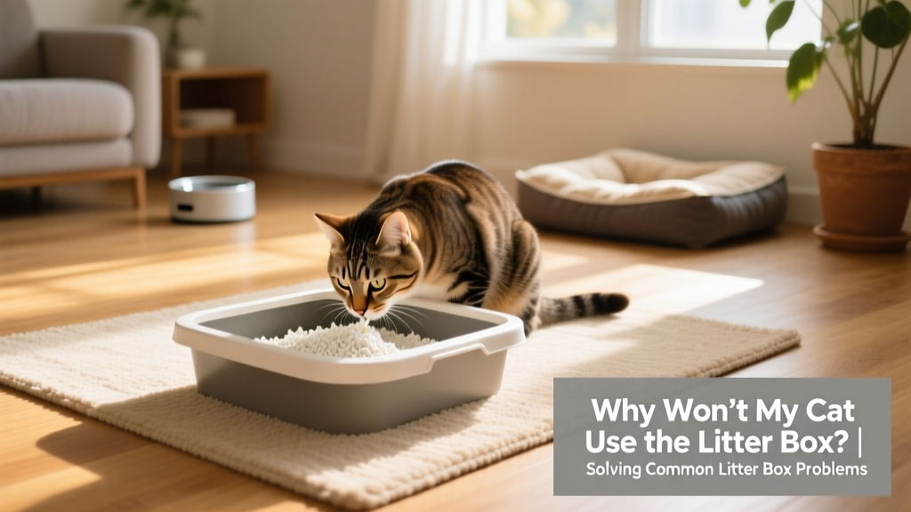 A calm indoor cat sniffing a clean, uncovered litter box with natural light