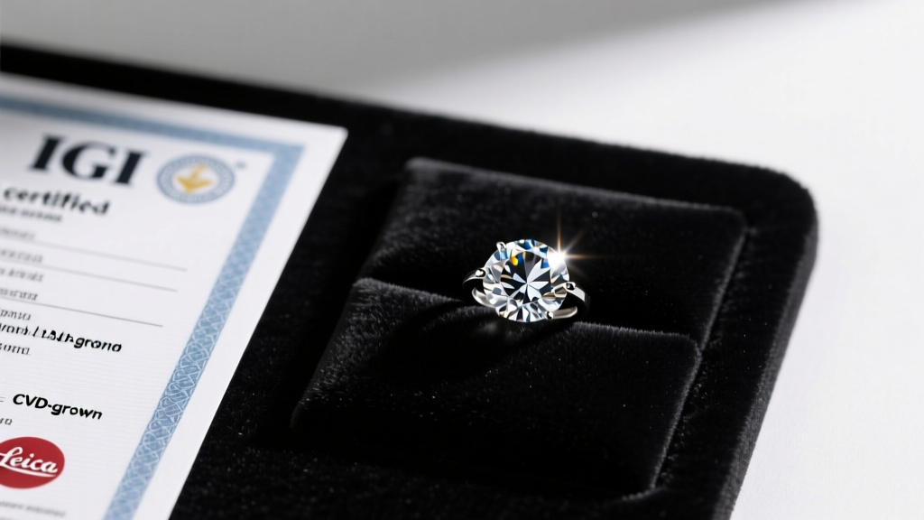 Side-by-side comparison of an IGI lab diamond certificate and a loose CVD diamond on a black velvet gemological grading pad.
