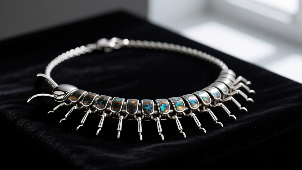 Articulated 925 sterling silver centipede necklace on dark velvet, highlighting oxidized segments, tiny legs, and moody lighting