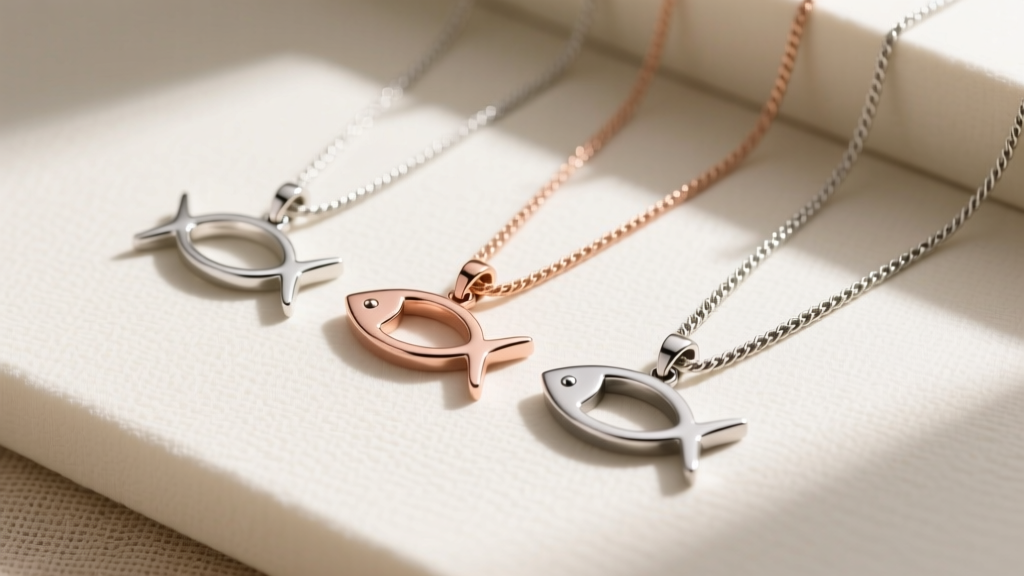 Flat lay of three ichthus pendants in sterling silver, rose gold, and surgical steel, displayed next to matching cable chains