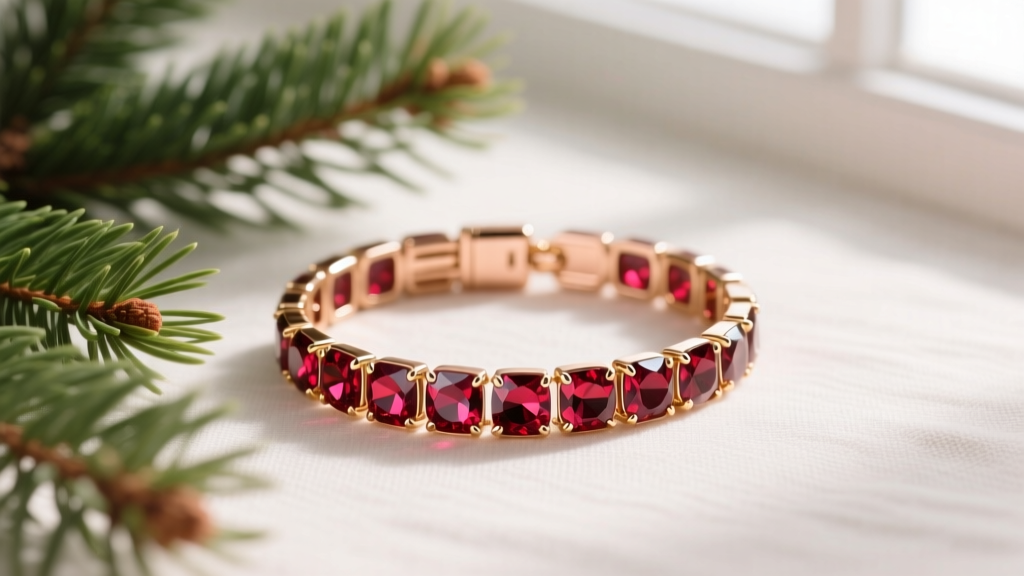 Flat lay of holiday gifts featuring a rose-gold bracelet set with deep Siam red Austrian crystals beside green pine branches.