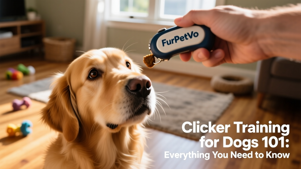 A close-up of a dog’s focused expression as they receive a treat immediately after a click, with a FurPetVo training clicker visible in the handler’s hand