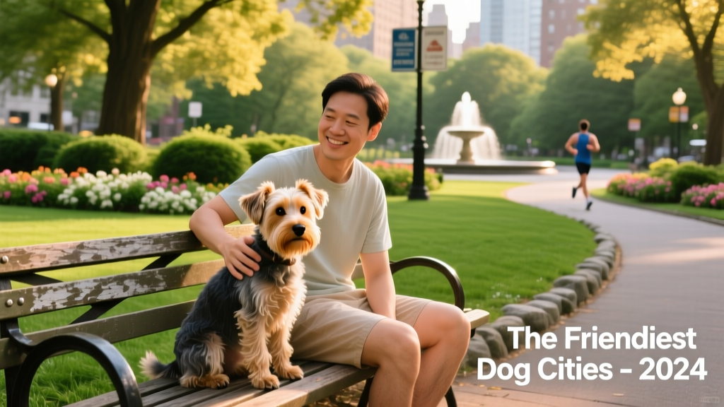 A small dog and their person relaxing on a bench beside a lush, well-maintained urban park