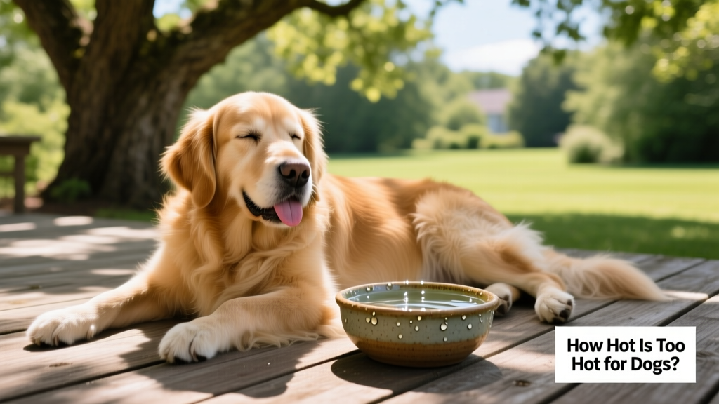 A dog resting in the shade on a sunny day, with a bowl of fresh water nearby
