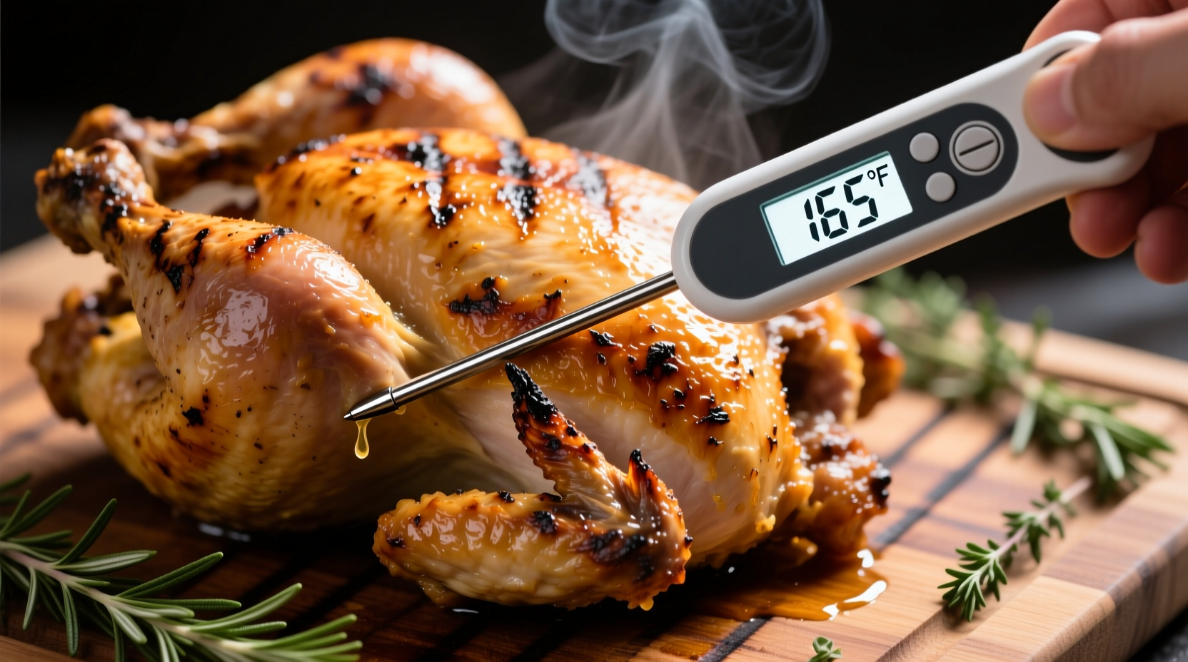 Digital thermometer measuring chicken temperature