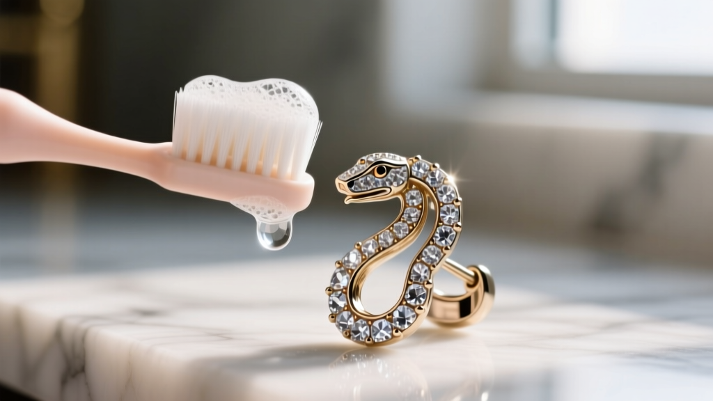 Close-up of a soft baby toothbrush gently cleaning a crystal-pavé Medusa earring crevice with a drop of mild soap suds