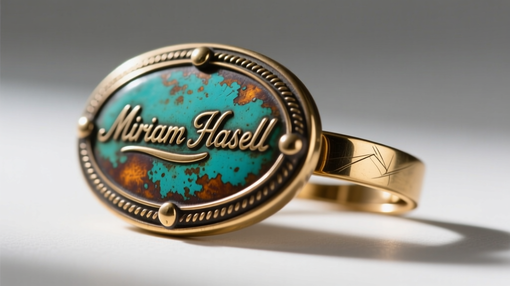Macro photo of a stamped oval Miriam Haskell hallmark plaque soldered onto a brass ear clip paddle back, showing aged patina