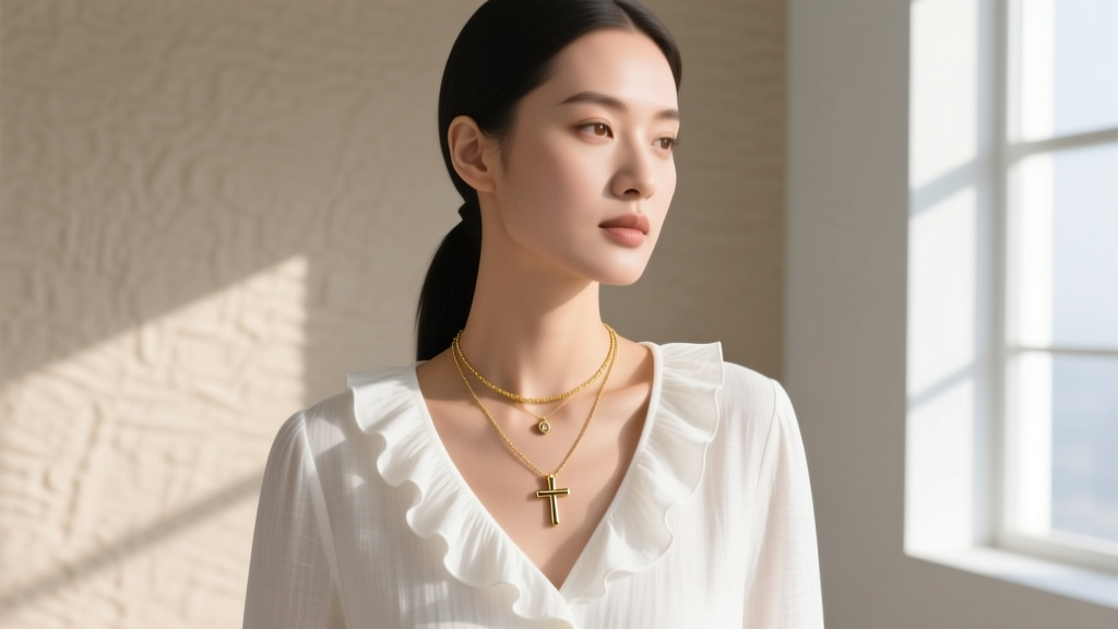 Woman wearing a layered stack with a delicate 16-inch chain and an 18-inch toggle cross necklace over white linen.