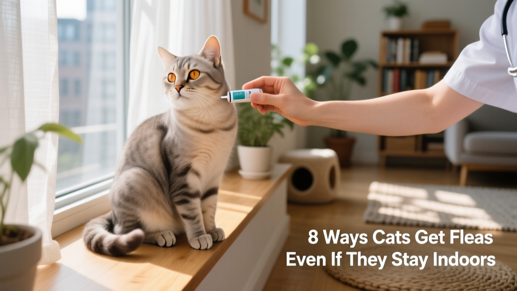 Cat sitting calmly while being treated with a topical flea control product applied at the base of the neck