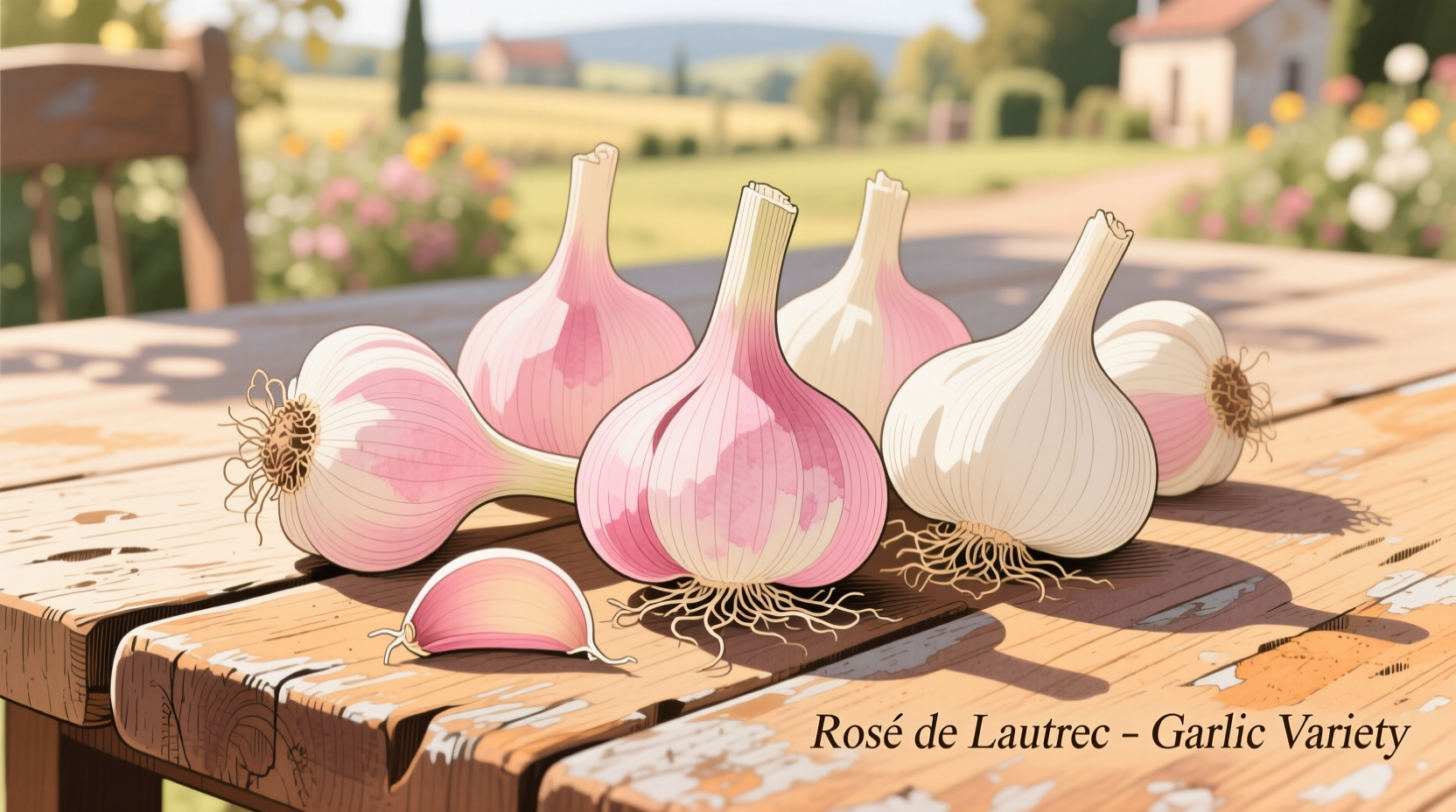 Rosé de Lautrec garlic bulbs with pinkish skin on wooden table