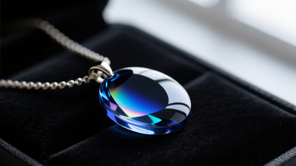 Macro view of a glass mood necklace pendant on dark velvet, reflecting soft light, showing deep blue thermochromic colors.