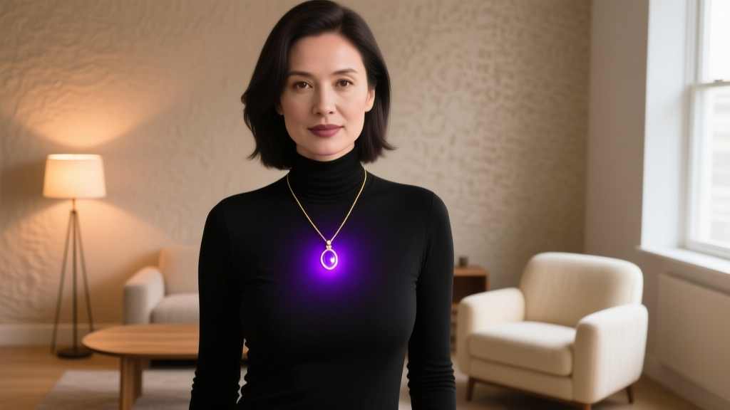 Woman wearing a gold mood necklace over a black turtleneck, the pendant glowing deep violet, photographed in a cozy, warmly lit indoor setting.