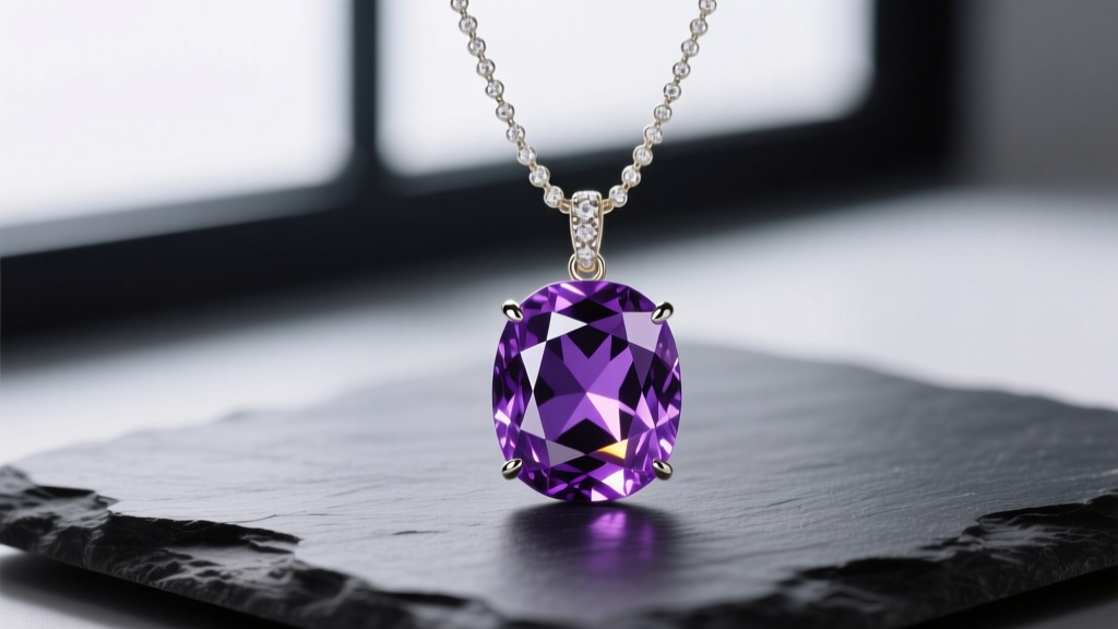 Elegant macro photography of a faceted purple sapphire pendant on an 18k white gold chain, resting on dark slate, studio lighting