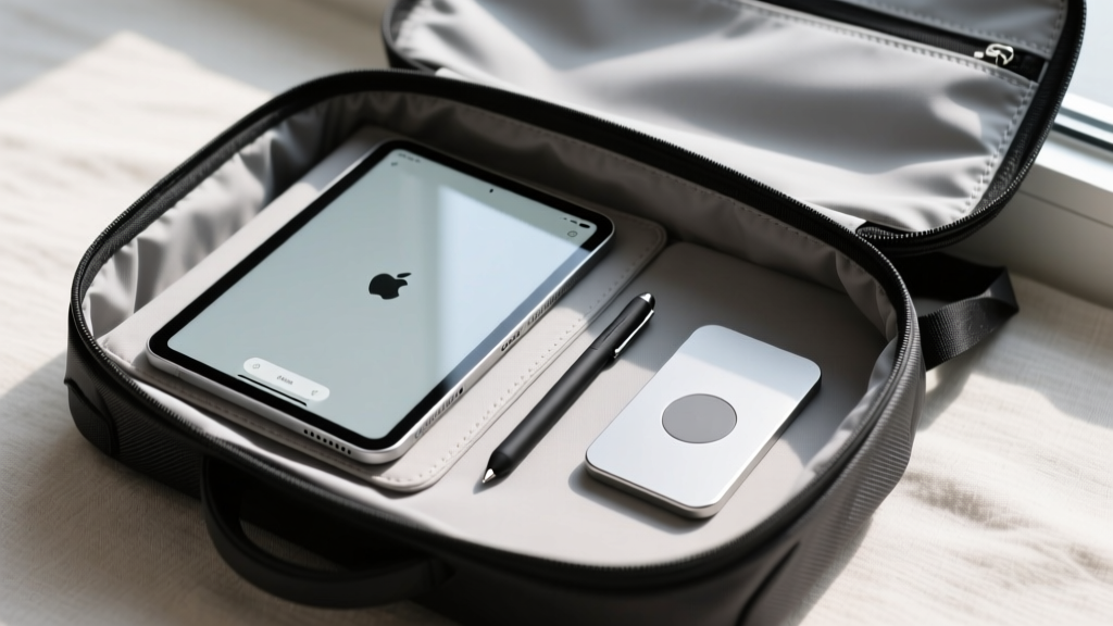 Overhead view of a travel backpack tech pouch showing a folded tablet, a paper-thin stand, and a compact stylus neatly organized.
