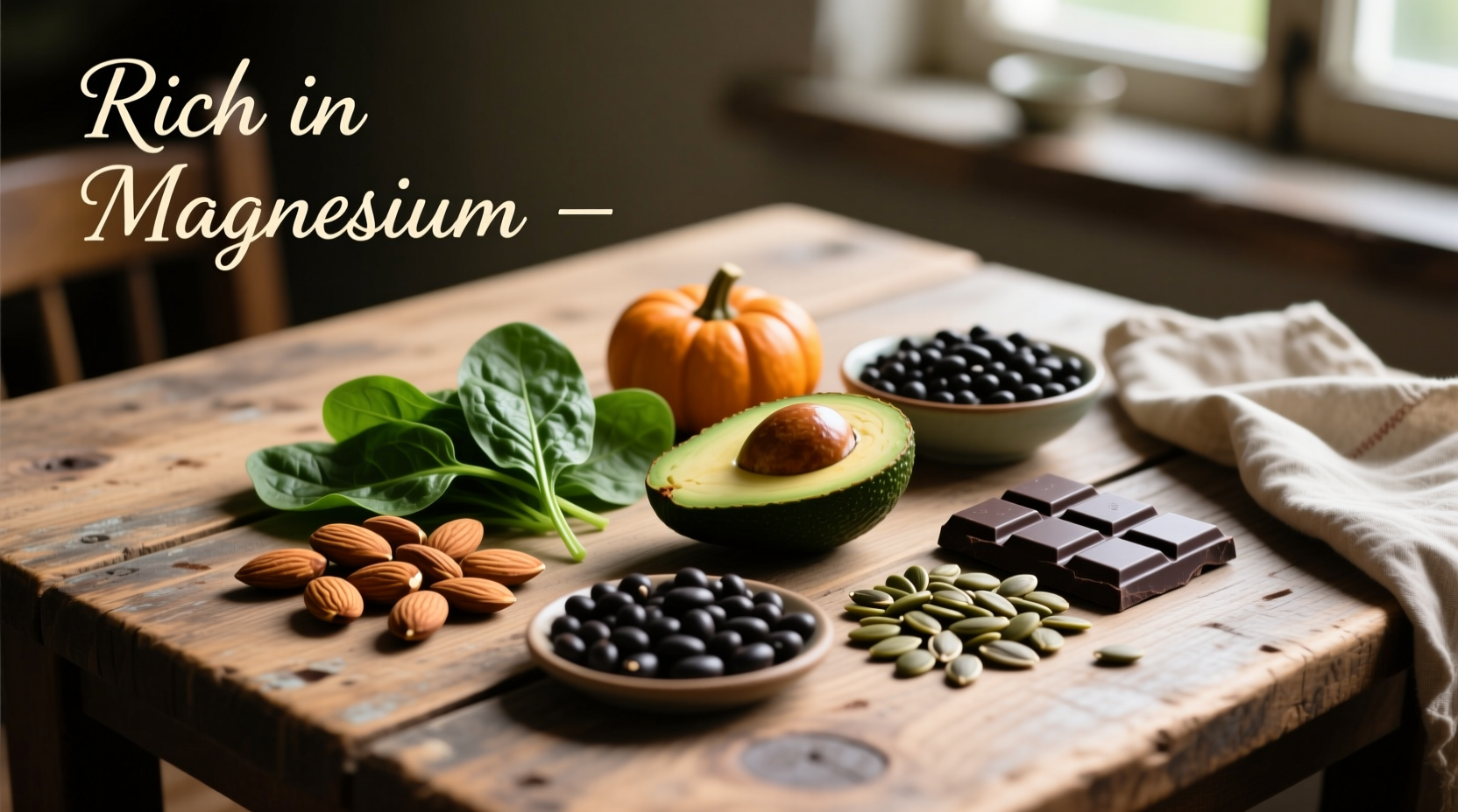 Magnesium-rich foods arranged on wooden table
