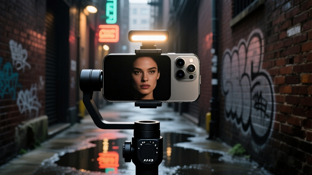Close-up of an iPhone 15 Pro Max on a gimbal with a magnetic fill light illuminating a subject face in a dimly lit urban alleyway