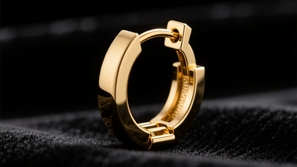 Macro shot of a 14k gold V-latch hoop earring clasp slightly open, showing the saddleback hinge and locking groove on dark velvet