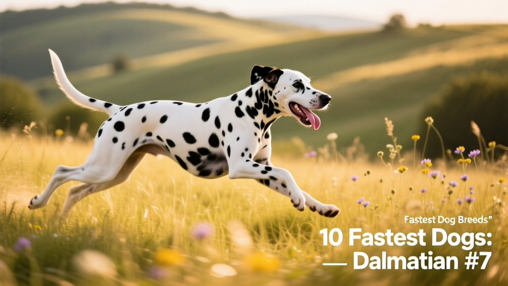 A Dalmatian sprinting across a sunlit meadow, tongue out and tail streaming behind